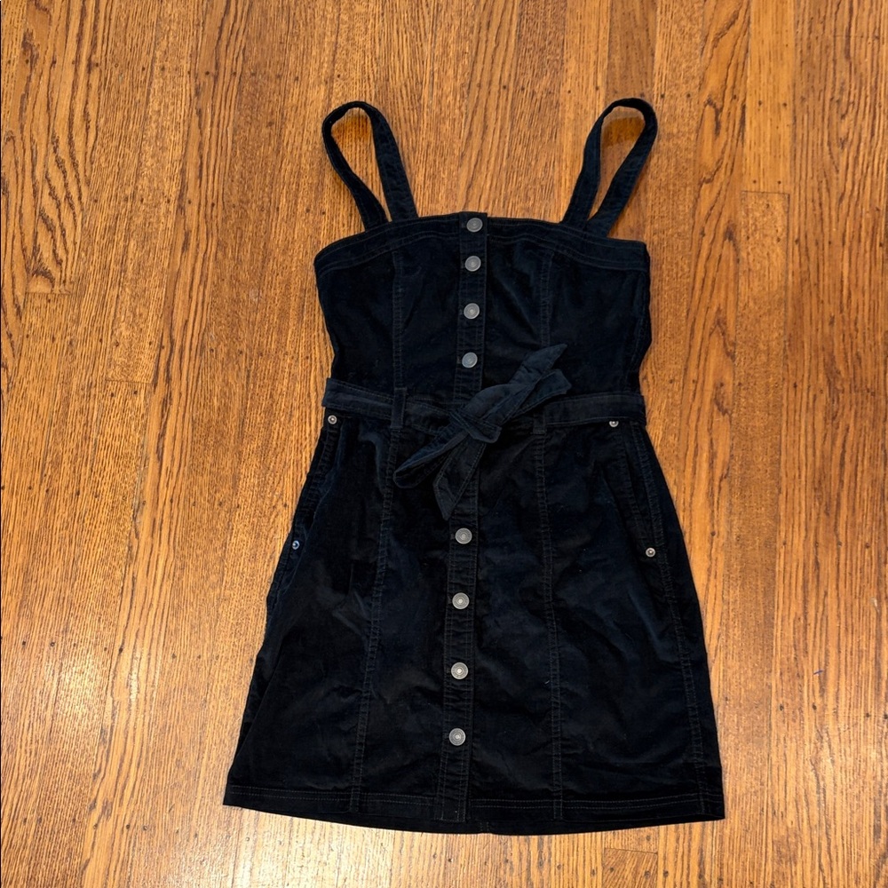 NWT Abercrombie &‎ Fitch Black Corduroy Belted Mini Jumper Dress XS Square Neck
